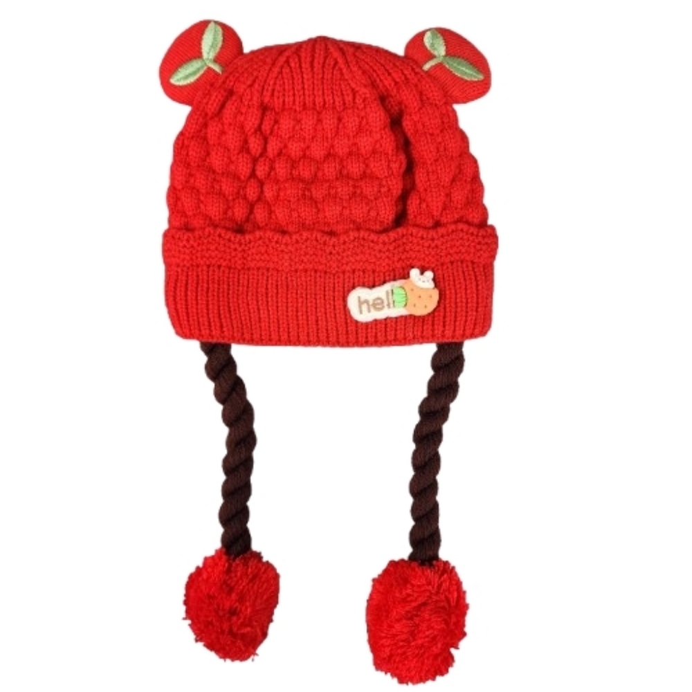 NWT Cherry Baby Beanie With Ear Steings And Pom Poms